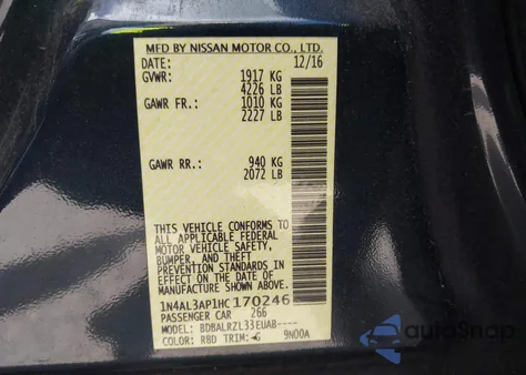 2017 Nissan Altima 2.5 Sl z USA, uszkodzony, nr VIN 1N4AL3AP1HC170246